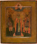 Russische Ikone - Die Heiligen Menas, Nikita von Nowgorod und Johannes der Krieger