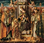 Crivelli, Carlo - Thronende Madonna mit Christuskind, welches Hl. Petrus den Schlüssel übergibt