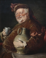 Grützner, Eduard, von - Falstaff am Tisch mit Weinkrug und Zinnbecher