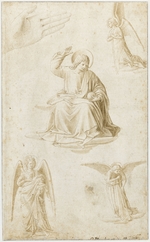 Gozzoli, Benozzo - Studien einer Hand, drei Engeln und Christus als Salvator Mundi