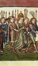 Meister der Chronik des Konzils von Konstanz - Königin Elisabeth von Luxemburg auf dem Zug ins Münster. Detail aus der Richentals Chronik
