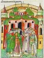 Unbekannter Künstler - Bischof Neophytos krönt Wladimir Wsewolodowitsch mit der Mütze des Monomach. (Aus der Illustrierten Chronikhandschrift)