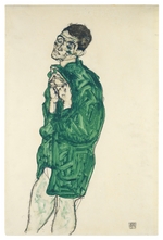 Schiele, Egon - Selbstdarstellung in grünem Hemd mit geschlossenen Augen
