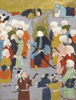 Unbekannter Künstler - Imam Ali (Ali ibn Abi Talib) mit seinem Rat. Miniatur aus Der Garten der Bedürfnisse von Fazuli