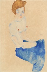 Schiele, Egon - Sitzendes Mädchen, der Oberkörper nackt, hellblauer Rock (Wally Neuzil)