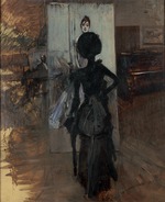 Boldini, Giovanni - Frau in Schwarz, die auf das Pastellbild von Signora Emiliana Concha de Ossa schaut