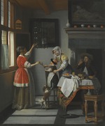 Hooch, Pieter, de - Interieur mit Kind, einen Papagei fütternd