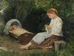 Anker, Albert - Strickendes Mädchen, Kleinkind in der Wiege hütend