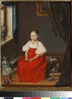 Unbekannter Künstler - Portrait eines Mädchens in rotem Sarafan mit Spielzeug