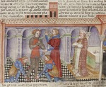Unbekannter Künstler - Der Ritterschlag. Aus: La Quête du Saint Graal et la Mort d'Arthus