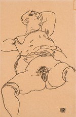 Schiele, Egon - Liegende Frau mit hochgeschobenem Hemd