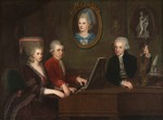 Della Croce, Johann Nepomuk - Wolfgang Amadeus Mozart mit Schwester Maria Anna und Vater Leopold, an der Wand ein Portrait der verstorbenen Mutter, Anna Maria