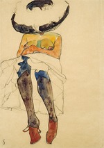 Schiele, Egon - Sitzende halbnackte Frau mit Hut und lila Strümpfen