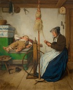 Anker, Albert - Grossmutter am Spinnrad und schlafender Knabe auf Ofenbank