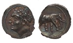 Numismatik, Antike Münzen - Münze von Hannibal Barkas. Karthago. (Vorderseite: Hannibal, Rückseite: Elefant)