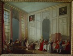 Ollivier, Michel Barthélemy - Teegesellschaft beim Prinzen Conti im Vierspiegelsaal des Temple in Paris mit dem jungen Mozart am Flügel 1766