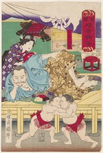 Kuniteru, Utagawa - Zwei Sumo-Kinder in Aktion vor Tachibana Muneshige