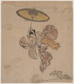 Harunobu, Suzuki - Junge Frau, vom Balkon des Kiyomizu-Tempels mit einem Regenschirm als Fallschirm springend