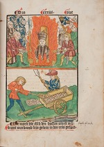 Unbekannter Künstler - Johannes Hus: Verbrennung und Abtransport der Asche, die in den Rhein geworfen wird. (Illustration aus der Richentals Chronik)