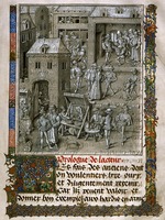 Tavernier, Jean - Marktszene und Präsentation des Buches Herzog Philipp dem Guten. Aus: Conquestes et croniques de Charlemagne von David Aubert 