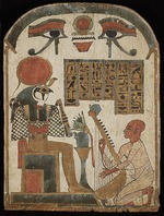 Altägyptische Kunst - Die Stele des Harfenspielers. Djedchonsiuefanch, Hoherpriester des Amun spielt und singt vor Re-Harachte