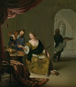 Mieris, Willem van - Die vernachlässigte Laute (Eine Dame mit Laute lässt sich in einem prachtvollen Raum Wein einschenken) 