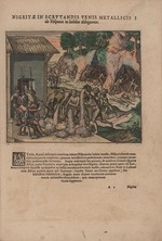 Bry, Theodor de - Sklaven gießen Erz vor europäischen Soldaten. Im Hintergrund arbeiten Sklaven in der Mine