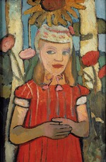 Modersohn-Becker, Paula - Mädchen in rotem Kleid vor Sonnenblume
