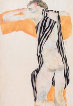 Schiele, Egon - Liegender Mädchenakt im gestreiften Kittel