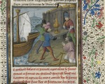 D'Espinques, Évrard - Die drei Gralsritter bringen den Heiligen Gral zum Schiff Salomos. Aus: Lancelot en prose