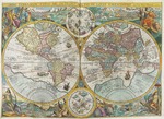 Linschoten, Jan Huygen van - Itinerarium. Weltkarte mit Trachten und Kostümen, Darstellungen von Eingeborenen, Schiffen, Pflanzen und Tieren