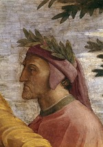 Raffael (Raffaello Sanzio da Urbino) - Disputa. Detail: Dante Alighieri (Fresko in Stanza della Segnatura)