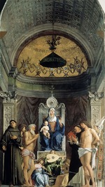 Bellini, Giovanni - Madonna mit Kind und den Heiligen Franziskus, Johannes der Täufer, Job, Domenikus, Sebastian und Ludwig von Toulouse