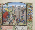 Liédet, Loyset - Belagerung von Château de Duras von den Franzosen 1377 (Miniatur aus Grandes Chroniques de France von Jean Froissart)