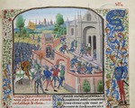 Liédet, Loyset - Einnahme der Abtei von Ename 1381 (Miniatur aus Grandes Chroniques de France von Jean Froissart)
