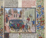 Liédet, Loyset - Jean de Heyle liest in Gent einen Brief Philipps II. des Kühnen (Miniatur aus Grandes Chroniques de France von Jean Froissart)