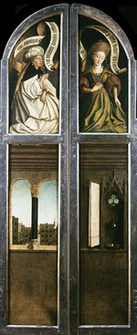 Eyck, Hubert (Huybrecht), van - Der Genter Altar. Anbetung des Gotteslammes: Arkadenfenster mit Stadtlandschaft und Nische mit Schüssel, Kanne und Tuch 