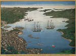Kawahara, Keiga - Die Insel Deshima in der Bucht von Nagasaki mit Schiffen Vasco da Gama und Johanna Elisabeth
