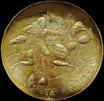 Sassanidische Kunst - Platte mit einem Bogenschützen auf der Löwenjagd