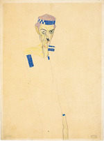 Schiele, Egon - Selbstbildnis mit blaukariertem Stirnband 