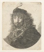 Rembrandt van Rhijn - Selbstbildnis mit gefiederten Baskenmütze