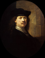 Rembrandt van Rhijn, (Schule) - Selbstporträt mit architektonischem Hintergrund
