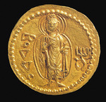 Numismatik, Antike Münzen - Goldmünze Kanishkas mit Baktrischer Schrift. Rückseite: Buddha (boddo)