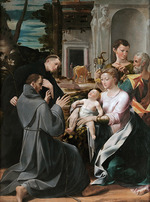Mazzola Bedoli, Girolamo - Madonna mit dem Kind und heiliger Josef, verehrt von Heiligen Antonius von Padua, Franz von Assisi und Johannes dem Evangelisten