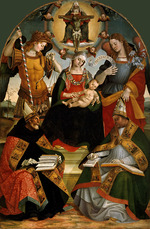Signorelli, Luca - Die Dreifaltigkeit, Madonna und Kind, die Erzengel Michael und Gabriel und die Heiligen Augustinus und Athanasius