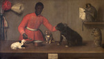 Unbekannter Künstler - Page mit drei Hunden, einem Murmeltier und einem Affen
