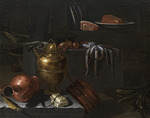 Recco, Giuseppe - Kücheninterieur mit Kupfergeschirr, Oktopus und Zwiebeln auf einem Steinsims