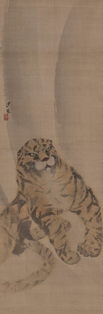 Gessho, Cho - Teil eines Diptychons mit Darstellung eines ruhig geduckten Tigers  