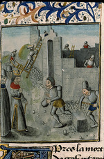 Unbekannter Künstler - Sigebert III. ordnet den Wiederaufbau einer Stadt in Austrasien an. Aus Annales historiae illustrium principum Hannoniae 