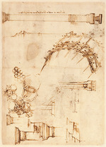 Leonardo da Vinci - Codex Atlanticus, folio 71 verso: eine provisorische militärische Holzbrücke und ein Artilleriegeschütz